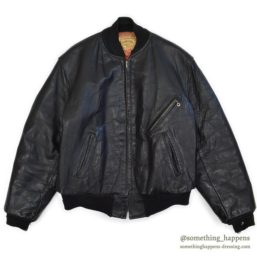 1950's HORSEHIDE ALL BLACK LEATHER SPORT JACKET / RARE DETAIL...