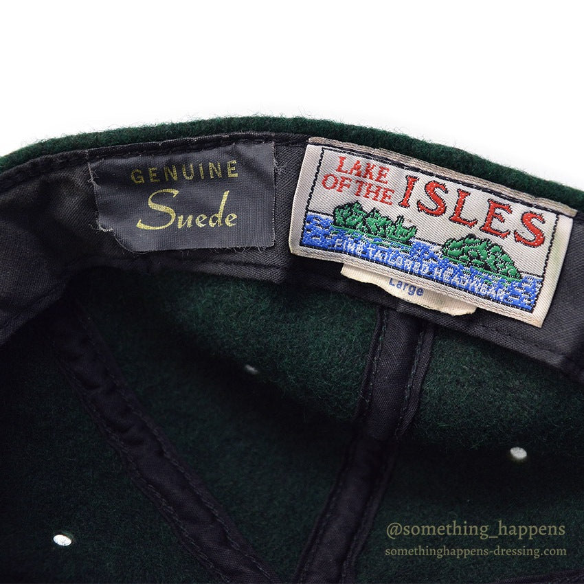 1990's LAKE OF THE ISLES GREEN WOOL / SUEDE LEATHER CAP... L