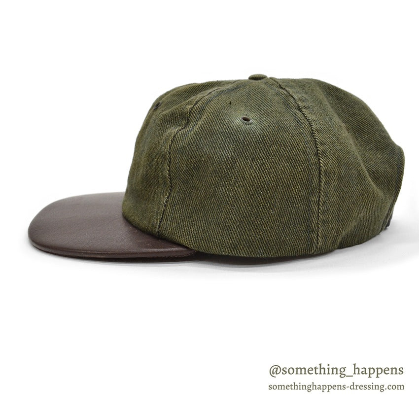 1980's EDDIE BAUER DARK GREEN DENIM / LEATHER BILL CAP / NO LOGO...
