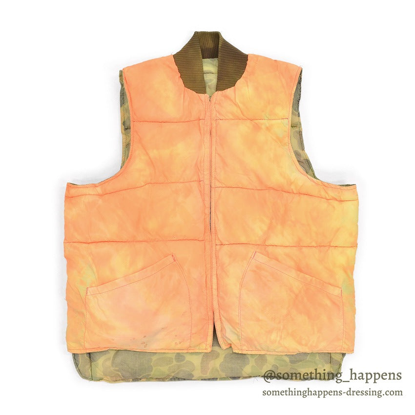 1960's~ CAMO / ORANGE REVERSIBLE NYLON PADDED VEST / FADED...