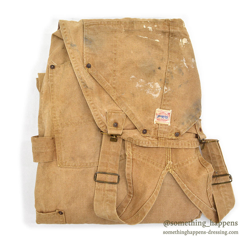 1940's~ CARHARTT DUCK DOUBLE KNEE OVERALL UNLINED / PAINT SPLATTER VIBE ... W36/L27