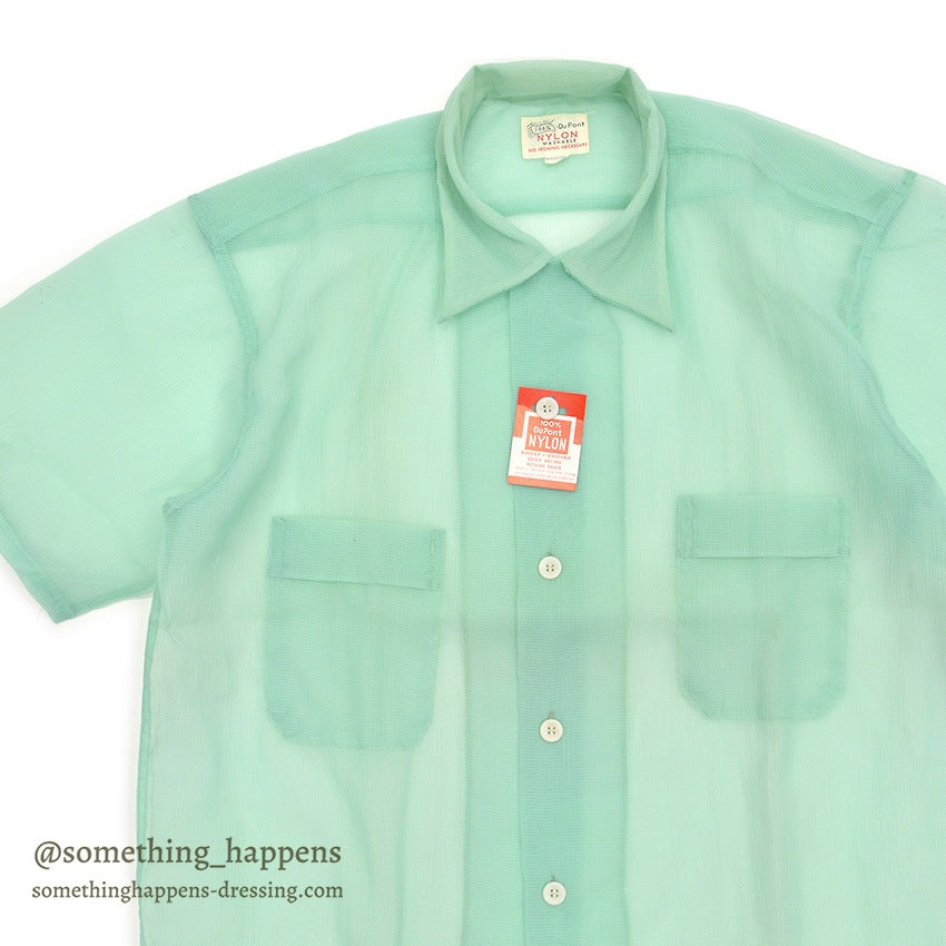 1950's~ DEADSTOCK DU PONT NYLON SEERSUCKER S/S SHIRT / MINT GREEN ... M