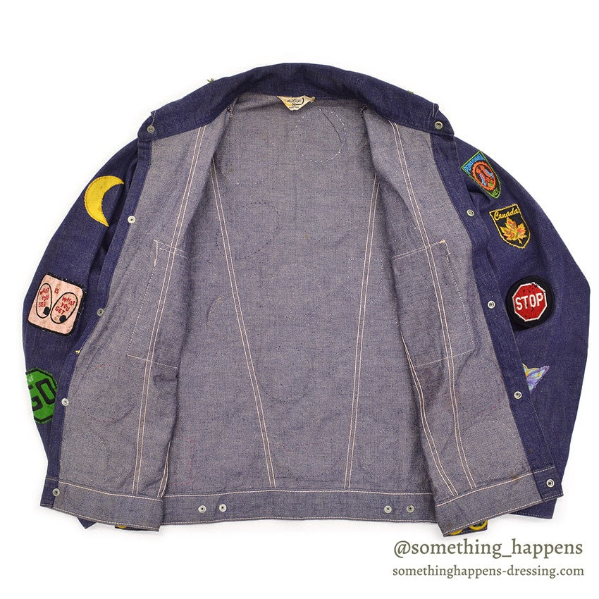 1970's DELUXE SPORTSWEAR VAD DYED DENIM JACKET / LOTS OF PATCHES ... M