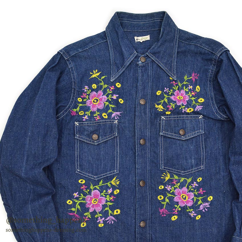 1970's LEMAY MEXICAN HIPPIE EMBROIDERED DENIM SHIRT ... M