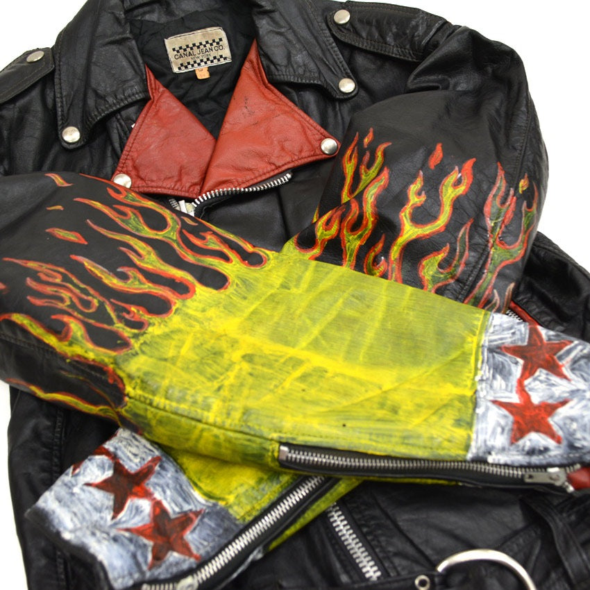 70's CANAL JEAN CO. Two-tone double rider jacket, hand-painted...