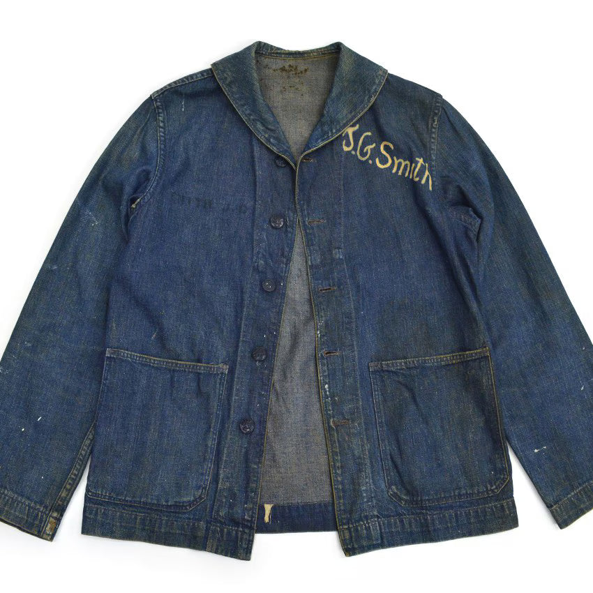 1940s US Navy Shawl Collar Denim Jacket, Dark Navy, Multiple Stencils...