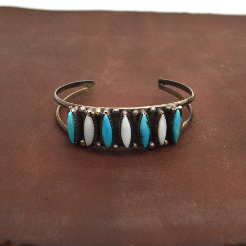 OLD ZUNI Needle Point Turquoise & shell Silver Bangle ...