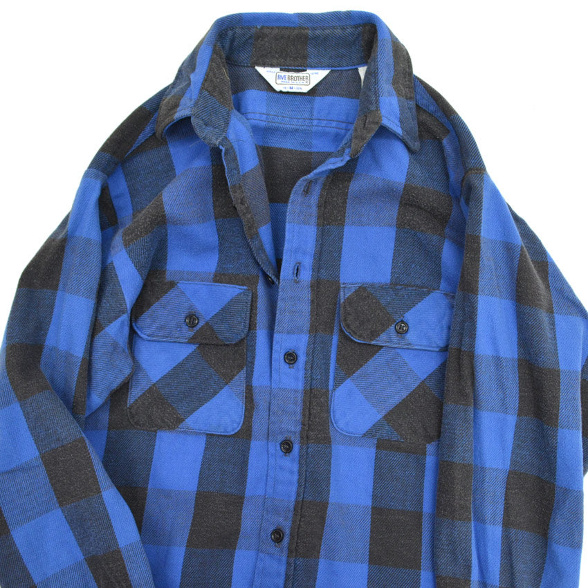 70's FIVE BROTHER Block Check Blue x Black Flannel Shirt ... M