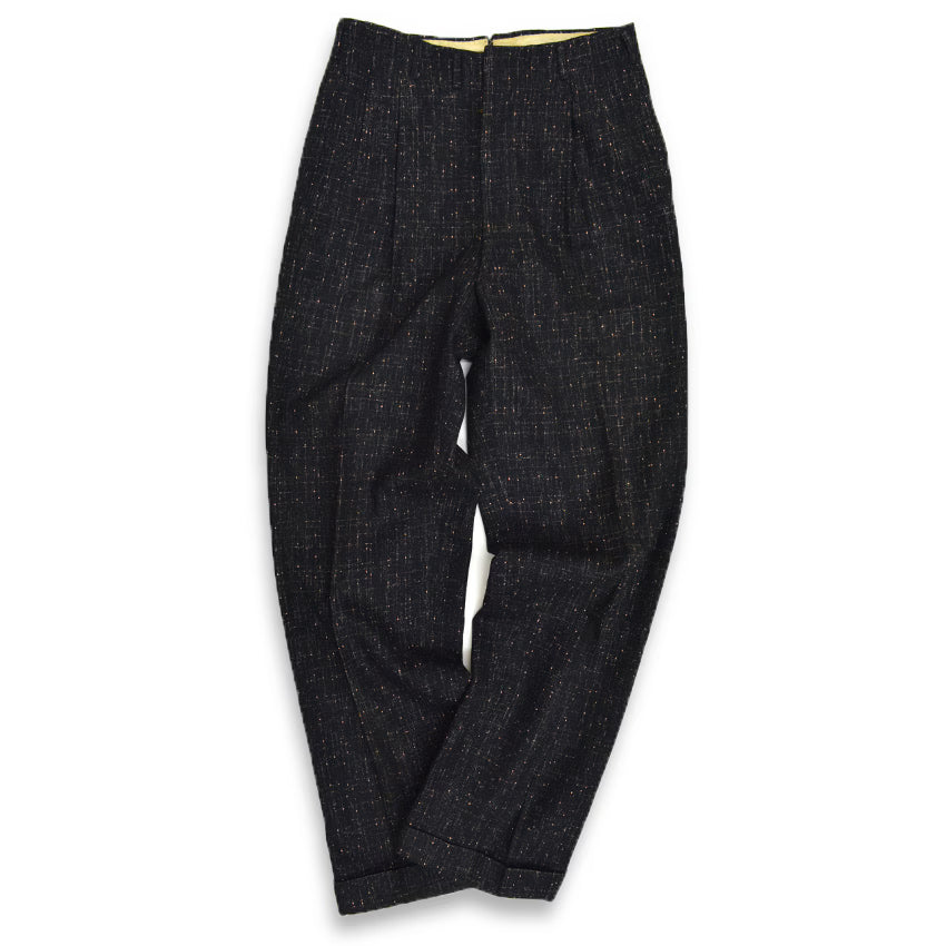 1950s-era black pinstripe Fleck Pattern kasuri wool slacks...