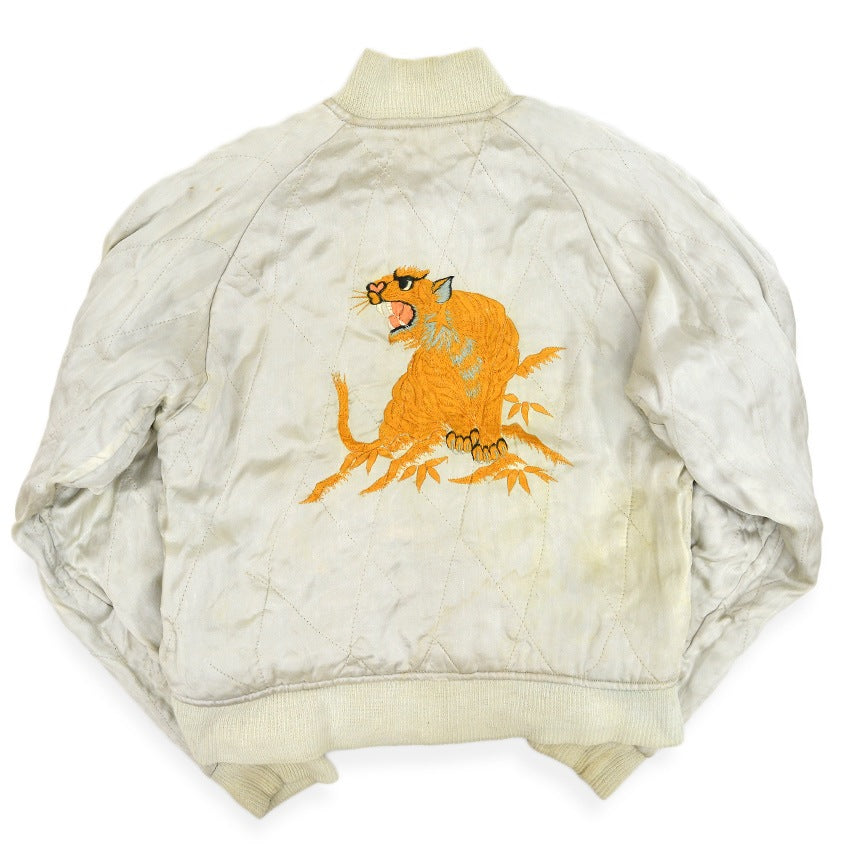 1940s- JAPAN SOUVENIR JACKET (Sukajan) - Black with gold embroidery of tiger, eagle, and dragon - YKK zipper...