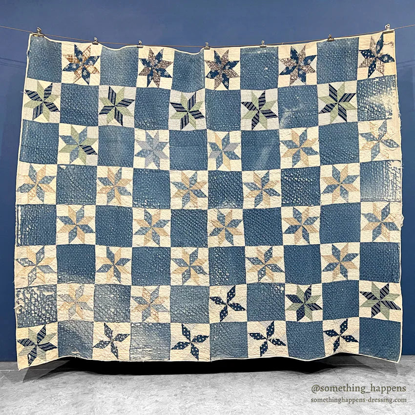 ANTIQUE EIGHT POINT STAR INDIGO CALICO PATCHWORK QUILT... 202cm/168cm