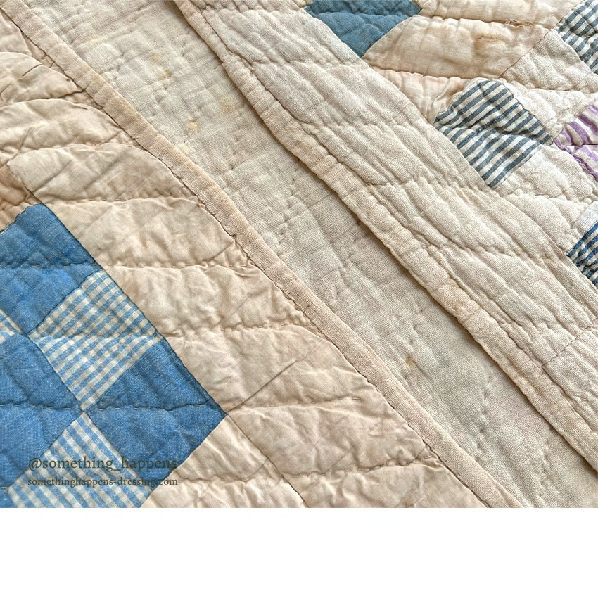 ANTIQUE NINE PATCH CALICO PATCHWORK CRIB QUILT... 122cm/90cm