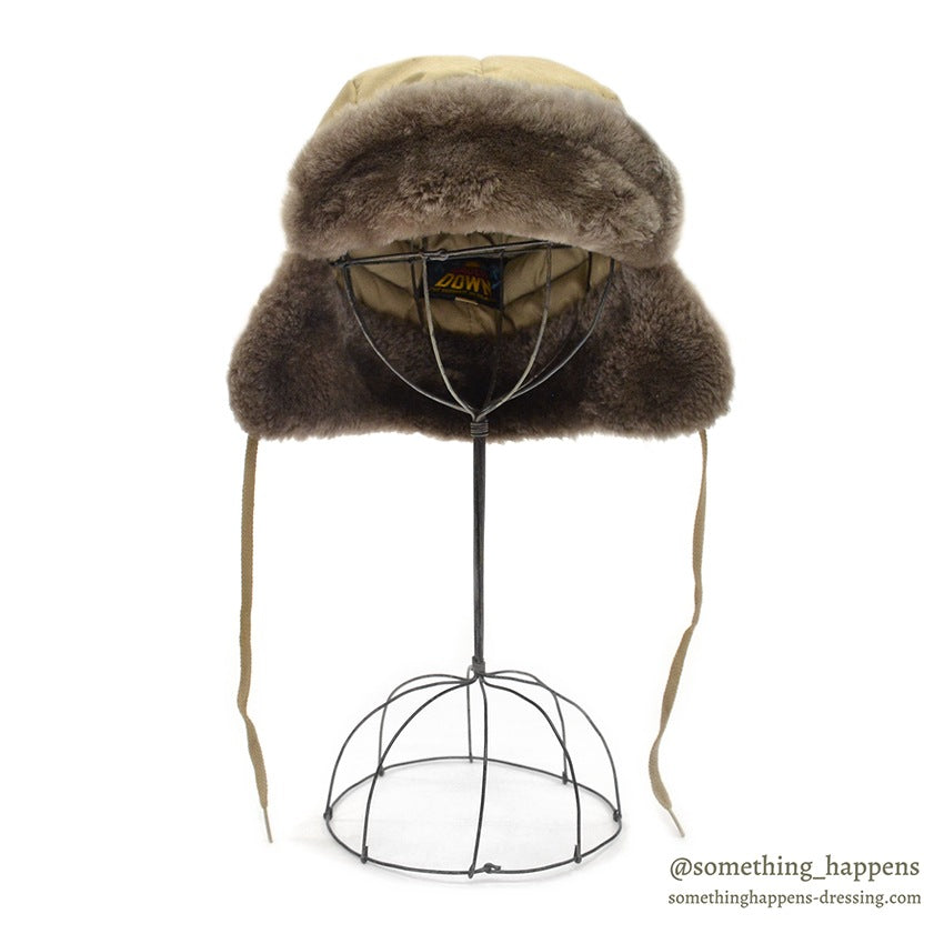 1960's EDDIE BAUER MOUTON FUR DOWN HAT / AUTUMN TAN...XL