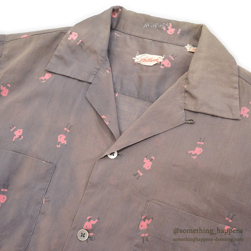 1950's GRAY/PINK JOCKEY PRINT S/S SHIRT ... M