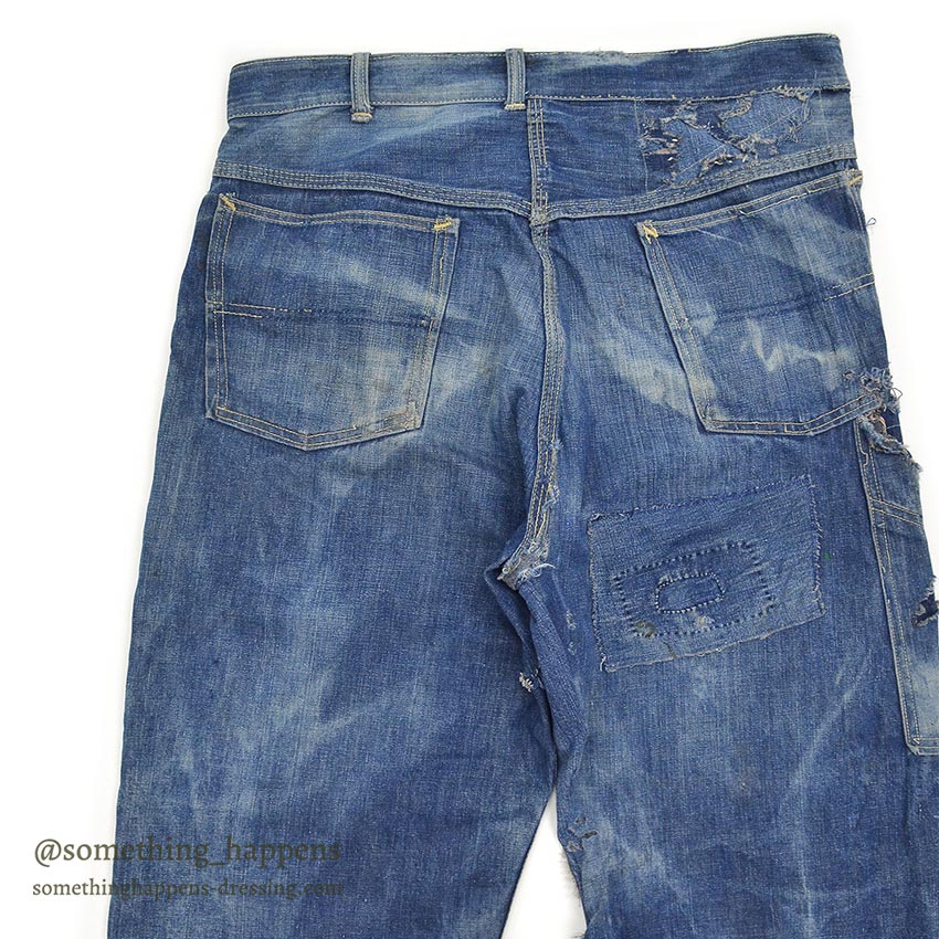 1960's MONEY BAK DENIM PAINTER PANTS SUN FADED / HAND SEWN REPAIRS ... W34/L29