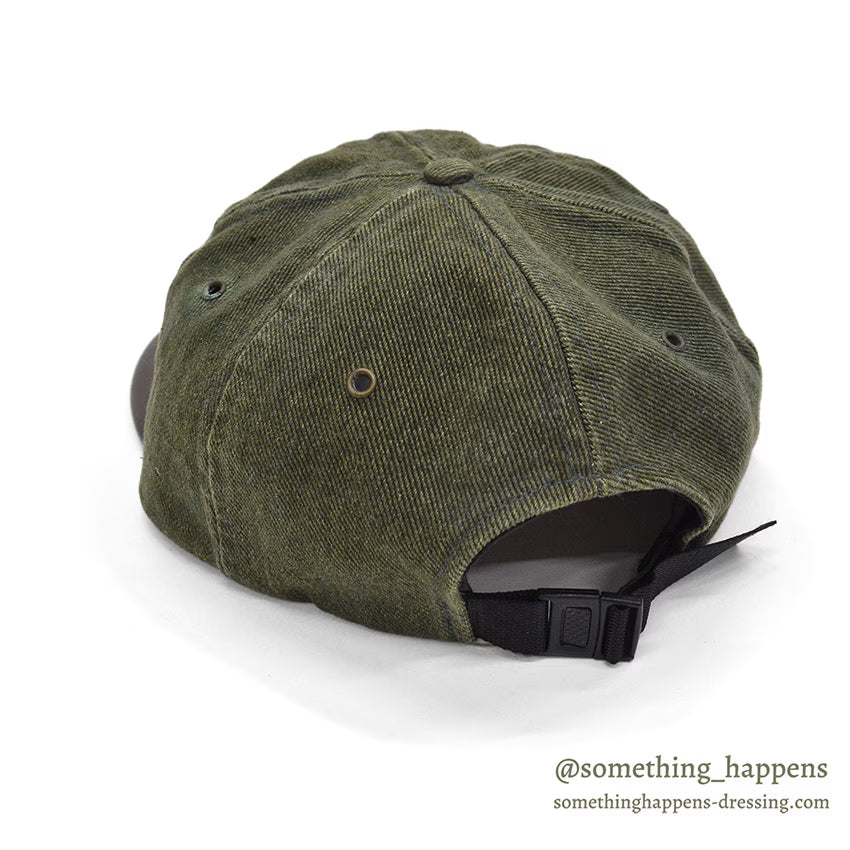 1980's EDDIE BAUER DARK GREEN DENIM / LEATHER BILL CAP / NO LOGO...