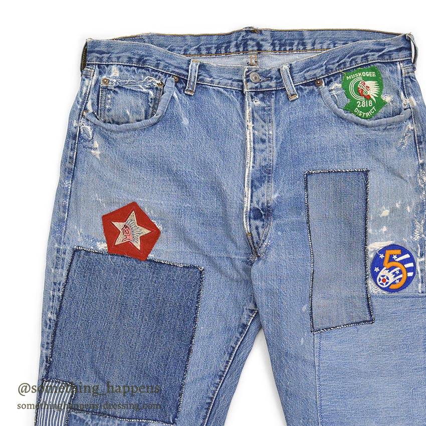 1960's LEVI'S 501 BIGE PATCHWORK / PERSONALIZED REPAIR ... W37/L29
