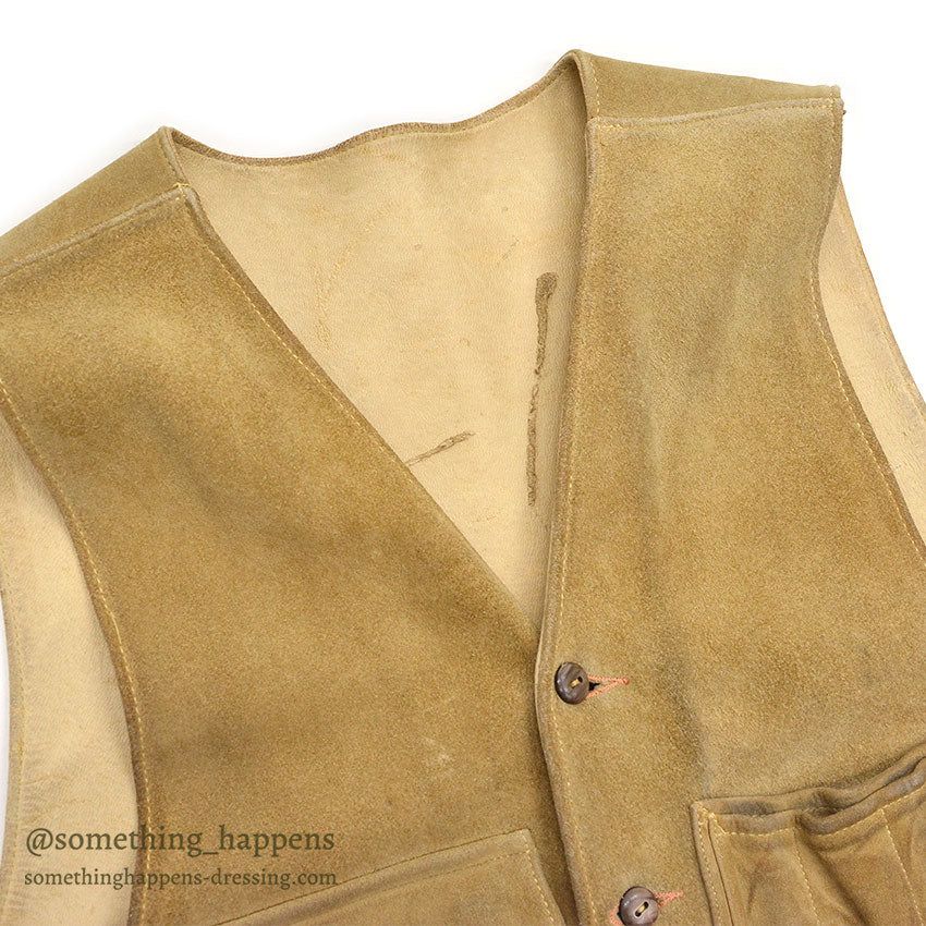1950's~ OLD SPLIT LEATHER SUEDE HUNTING VEST / UNUSUAL POCKETS...