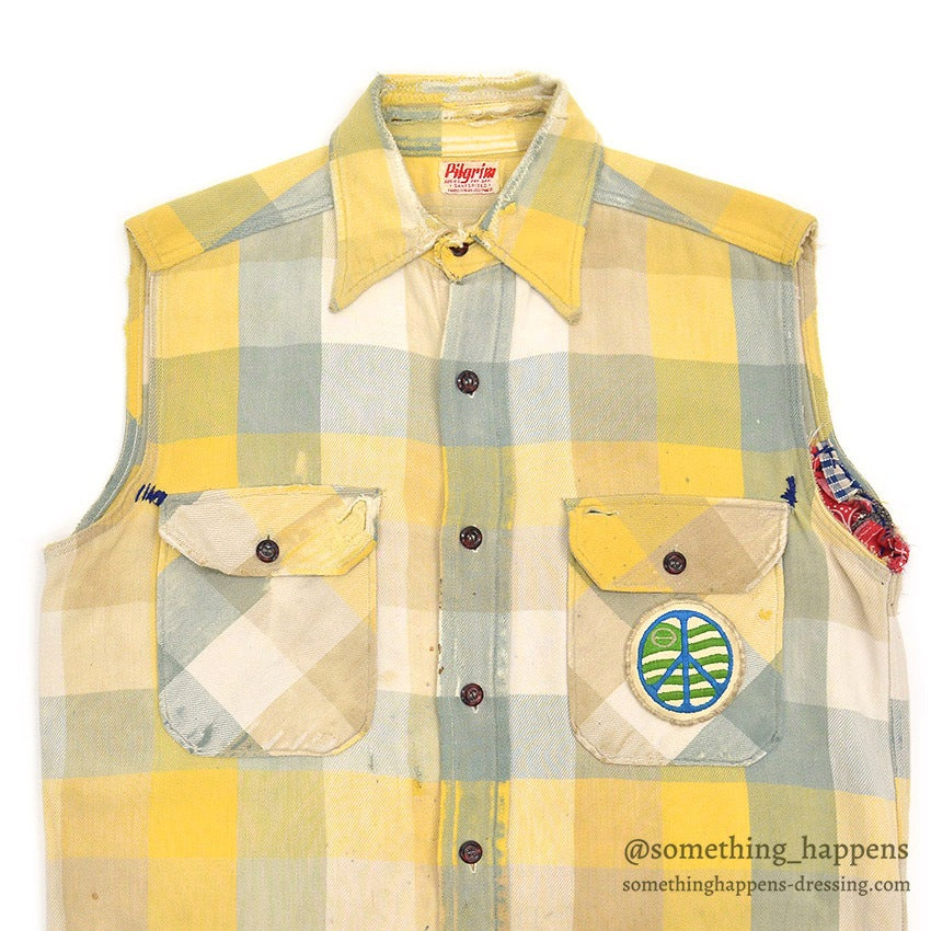 1950's PILGRIM BLOCK PLAID FLANNEL VEST / CUT OFF...