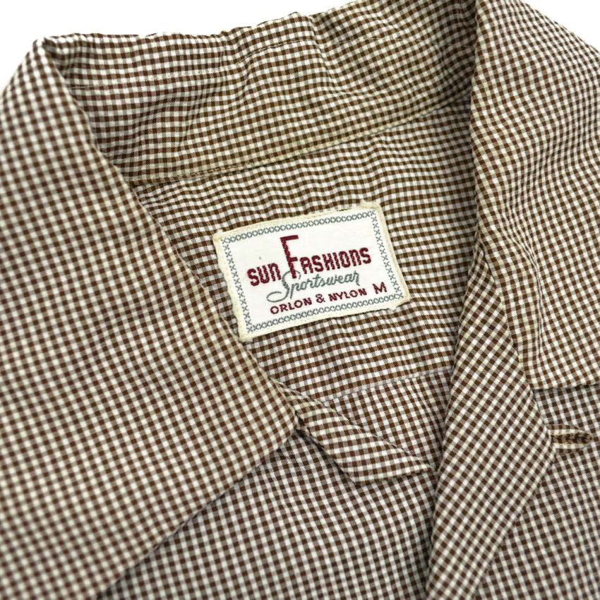 50's SUN FASHIONS sportswear シアサッカー ギンガムチェックシャツ 茶... M