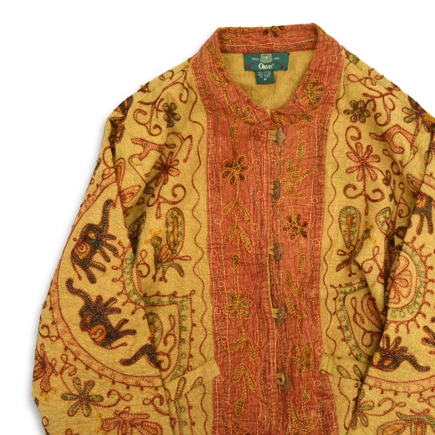 90's ORVIS Indian Cotton Embroidered Jacket with Fish Buttons... M