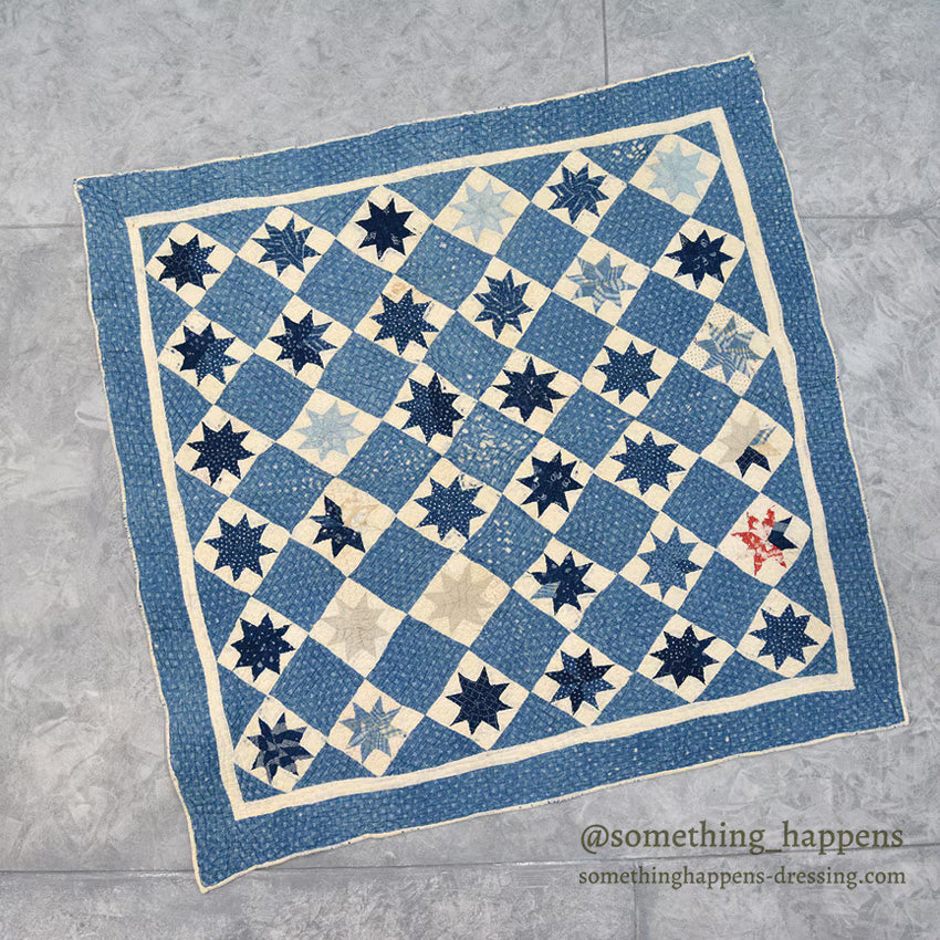 ANTIQUE EIGHT POINT STAR INDIGO CALICO PATCHWORK CRIB QUILT... 103cm/100cm