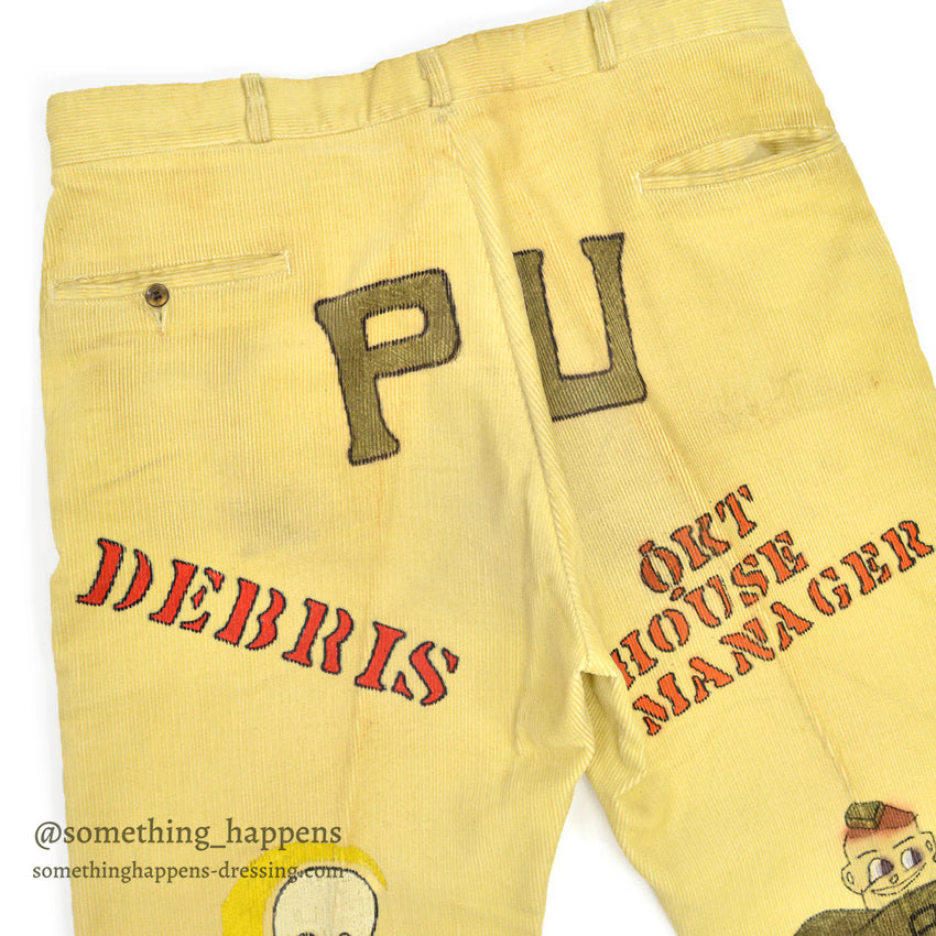 1960's PURDUE UNIVERSITY SENIOR CORDS HAND PAINTED PANTS SKULL & CRECENT... W36/L30