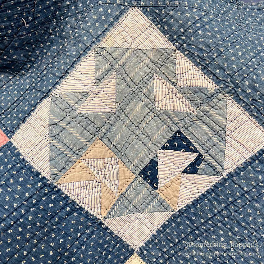 ANTIQUE INDIGO CALICO PATCHWORK QUILT BEAUTIFUL FADED... 196cm/164cm