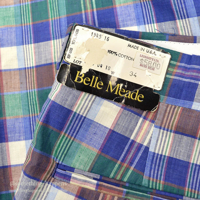 1970's DEADSTOCK THOMSON INDIA MADRAS BLUE PLAID PANTS... W34