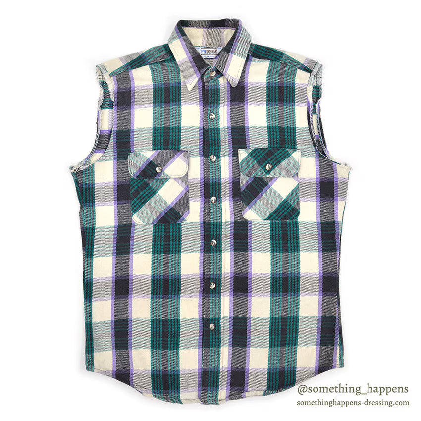 ~1980's FIVE BROTHER PLAID FLANNEL SHIRT / CUT OFF SLEEVES ... M