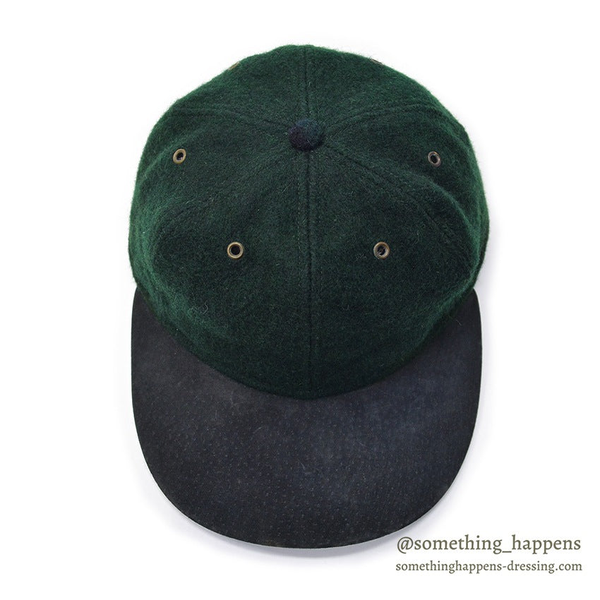 1990's LAKE OF THE ISLES GREEN WOOL / SUEDE LEATHER CAP... L