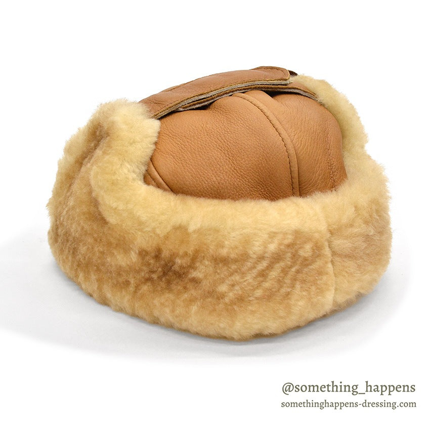 1980's~ DEADSTOCK BICK MOOSE LEATHER SHEARLING TRAPPER HAT...L