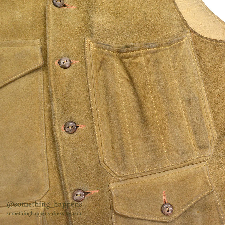 1950's~ OLD SPLIT LEATHER SUEDE HUNTING VEST / UNUSUAL POCKETS...