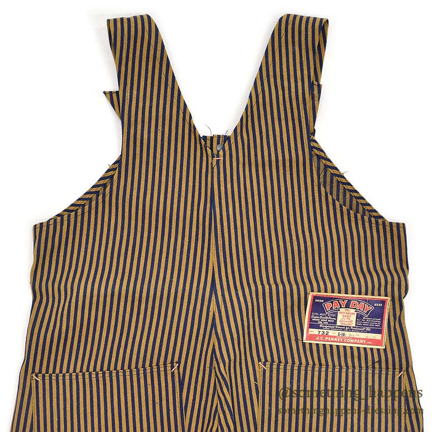 1940's DEADSTOCK PAYDAY WW2 BROWN EXPRESS STRIPED OVERALL / HIGH BACK ... W36/L30