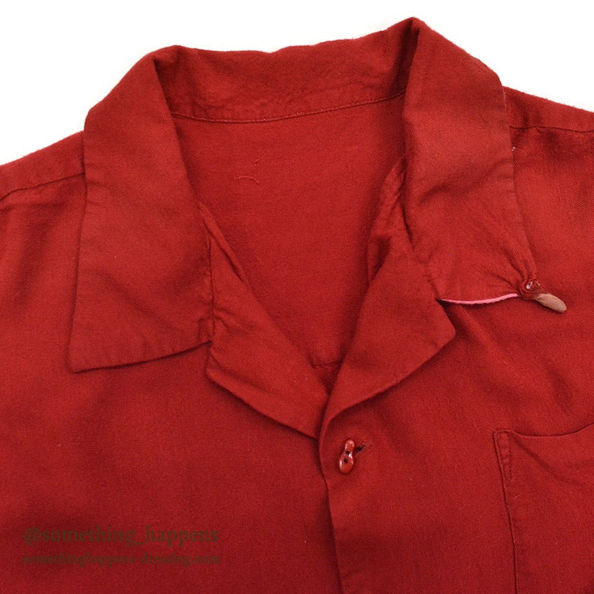 1960's TWO-TONE EMBROIDERY BOWLING RAYON SHIRT / UNIQUE BOWLING PIN BUTTON ...