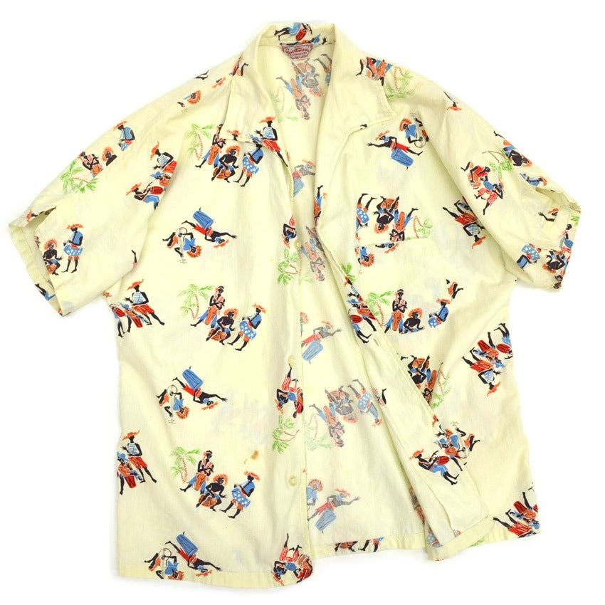 60's Sportswear Black Print Italian Collar Aloha Shirt...