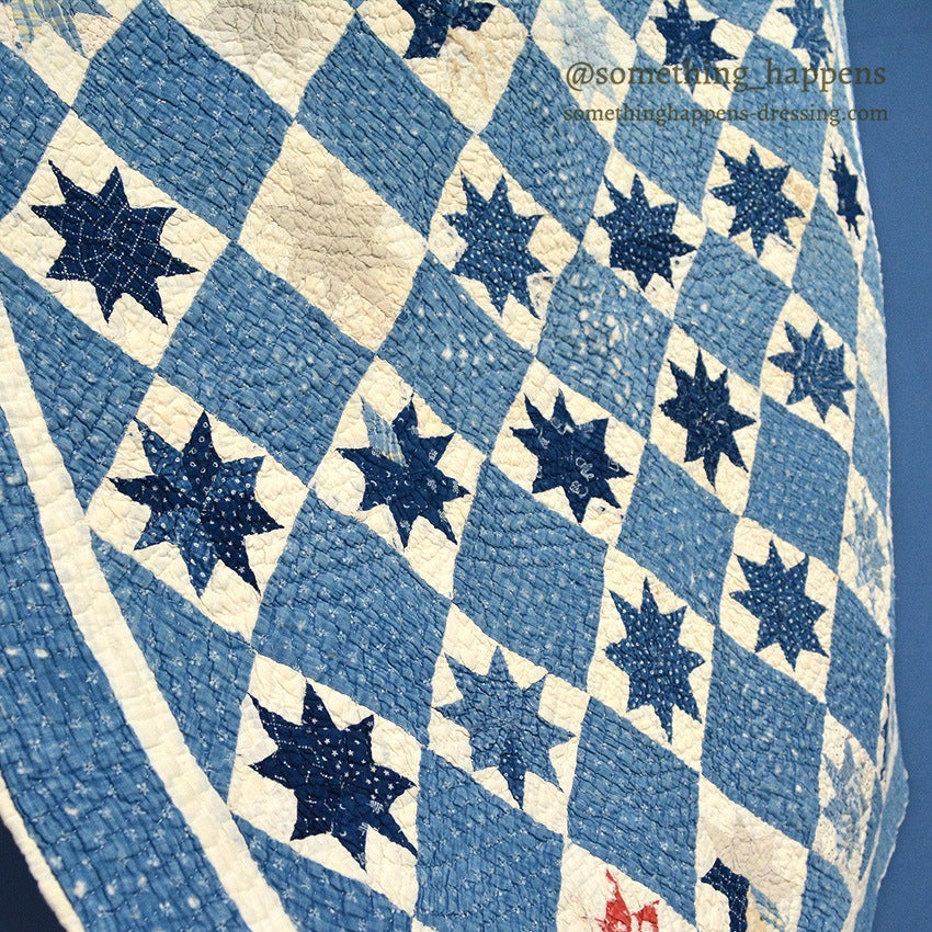 ANTIQUE EIGHT POINT STAR INDIGO CALICO PATCHWORK CRIB QUILT... 103cm/100cm