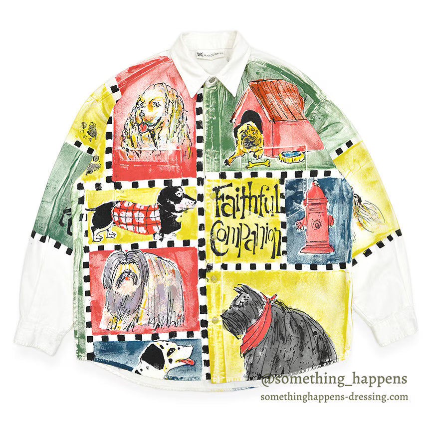 1990's~ FAITHFUL COMPANION DOG ART PAINT WHITE DENIM SHIRT...