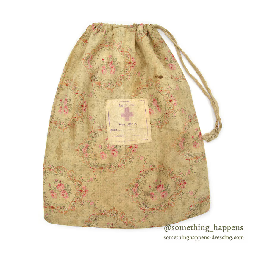 1910's~ WW1 ERA AMERICAN RED CROSS FLORAL FABRIC DITTY BAG...