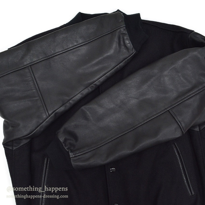 1990's GOLDEN BEAR ALL BLACK WOOL / LEATHER VARSITY JACKET... L