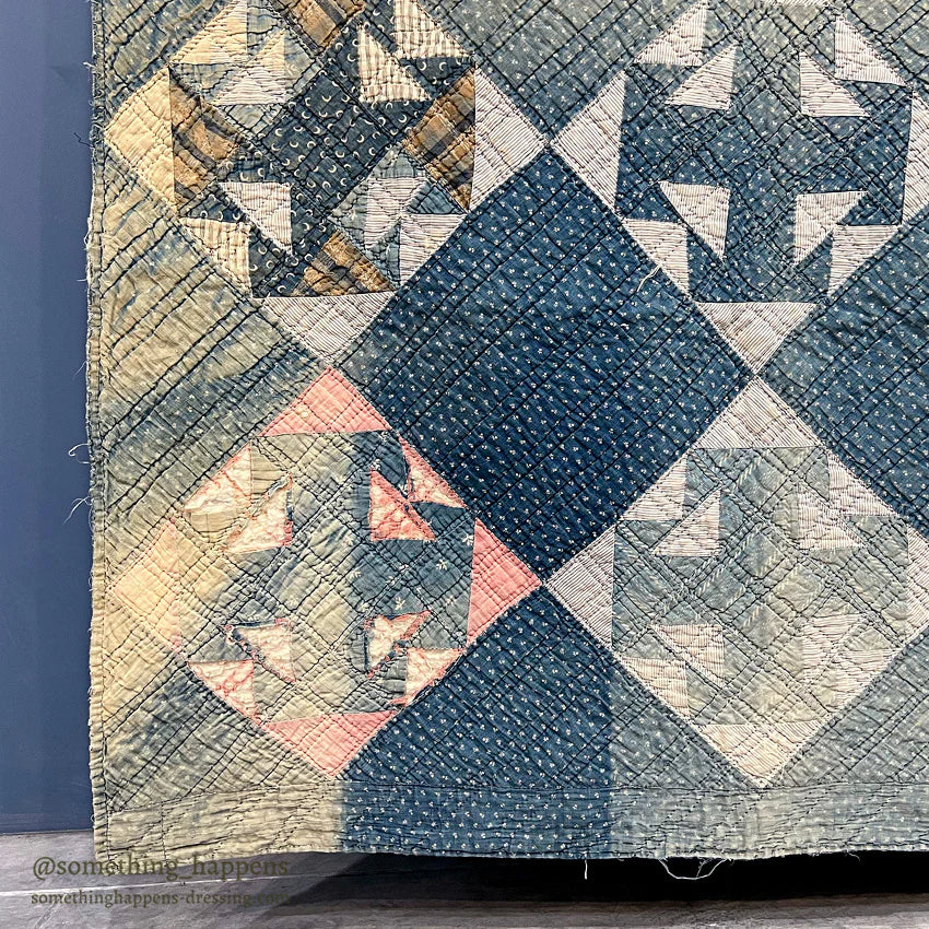 ANTIQUE INDIGO CALICO PATCHWORK QUILT BEAUTIFUL FADED... 196cm/164cm