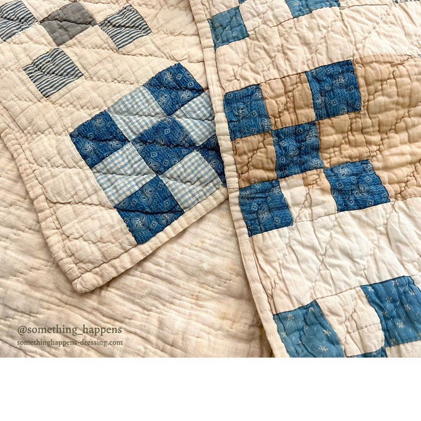ANTIQUE NINE PATCH CALICO PATCHWORK CRIB QUILT... 122cm/90cm