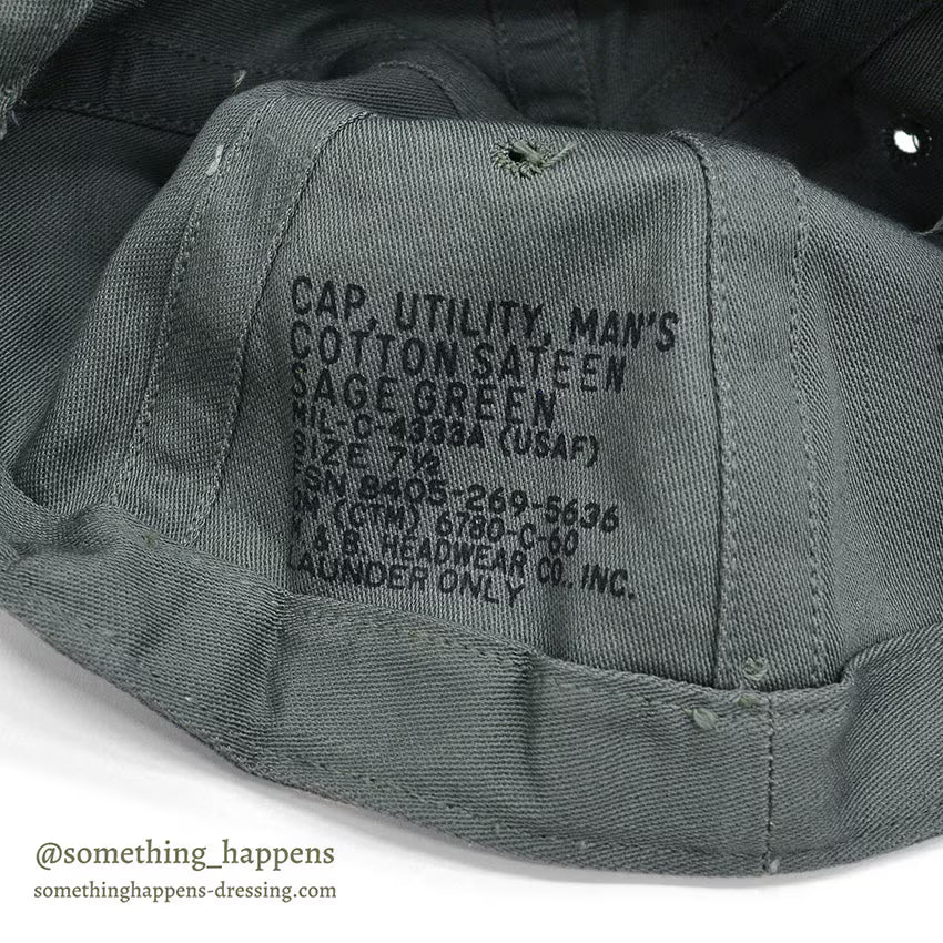 1960's DEADSTOCK USAF CAP, UTILITY, MAN'S COTTON SATEEN SAGE GREEN 2 ... 71/2