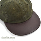 1980's EDDIE BAUER DARK GREEN DENIM / LEATHER BILL CAP / NO LOGO...