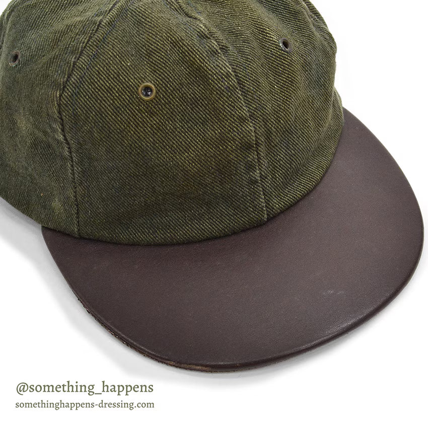 1980's EDDIE BAUER DARK GREEN DENIM / LEATHER BILL CAP / NO LOGO...