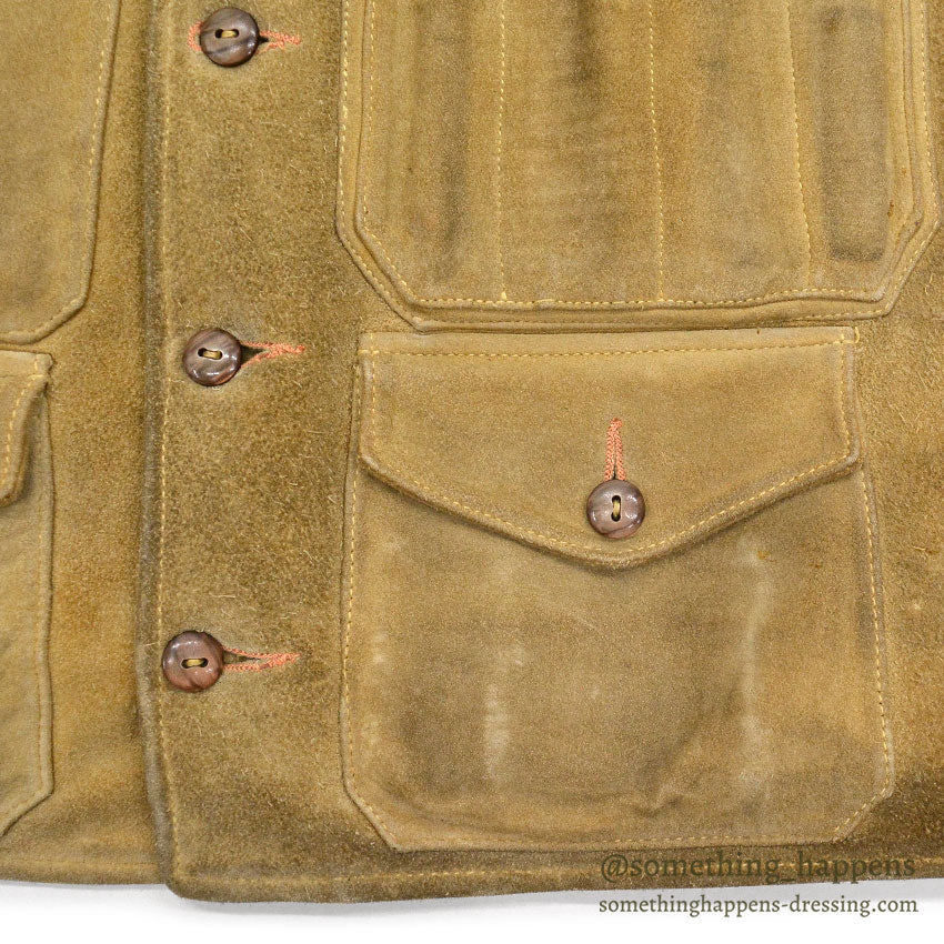 1950's~ OLD SPLIT LEATHER SUEDE HUNTING VEST / UNUSUAL POCKETS...