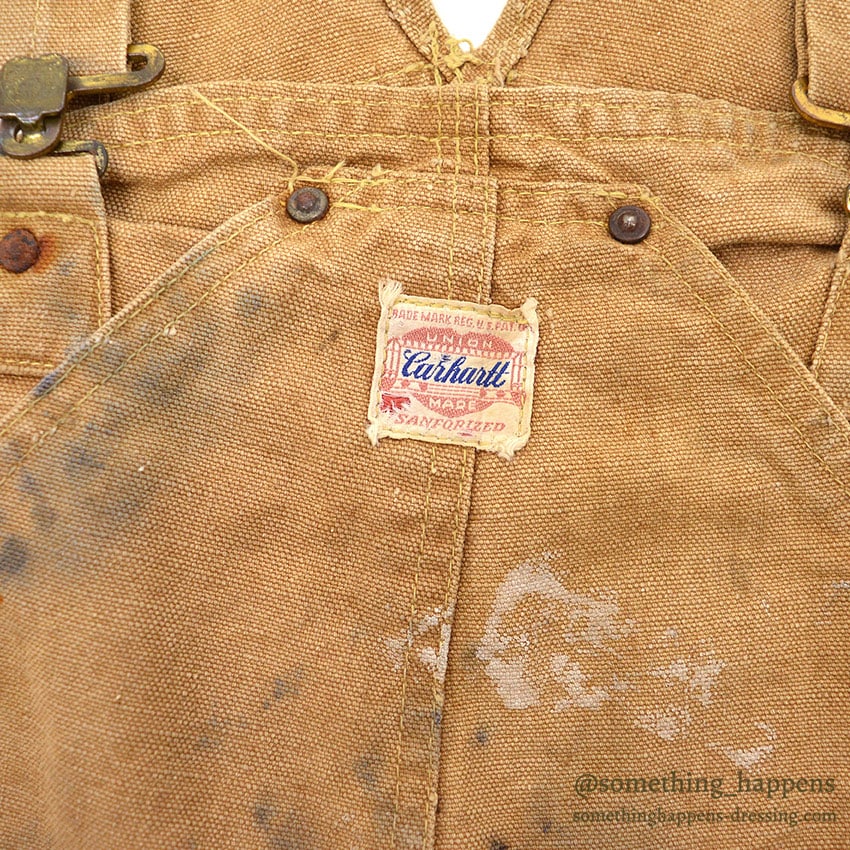 1940's~ CARHARTT DUCK DOUBLE KNEE OVERALL UNLINED / PAINT SPLATTER VIBE ... W36/L27