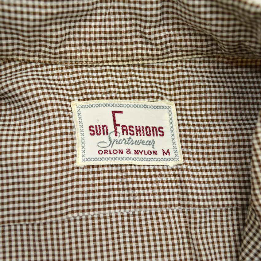 50's SUN FASHIONS sportswear シアサッカー ギンガムチェックシャツ 茶... M
