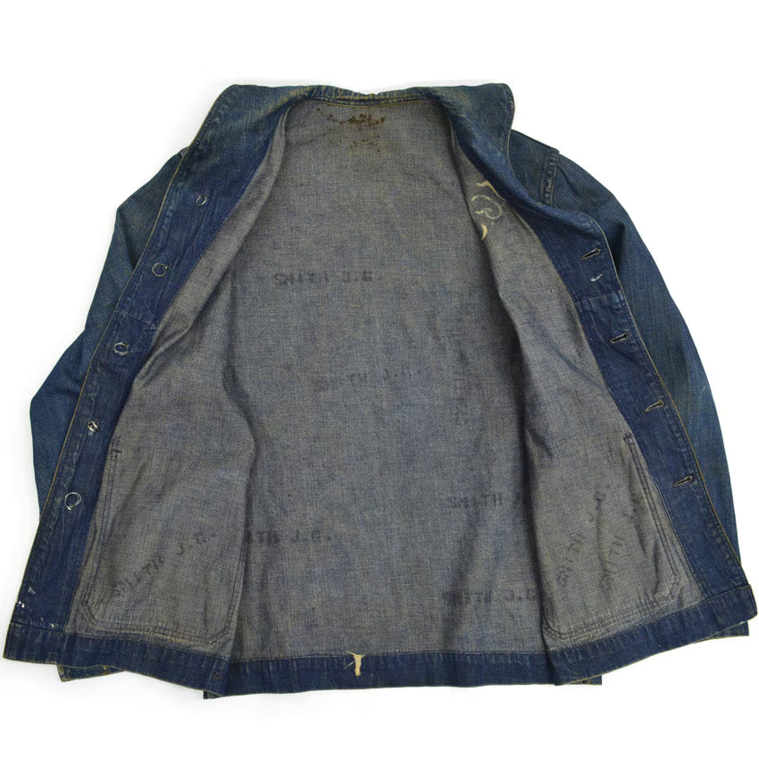 1940s US Navy Shawl Collar Denim Jacket, Dark Navy, Multiple Stencils...