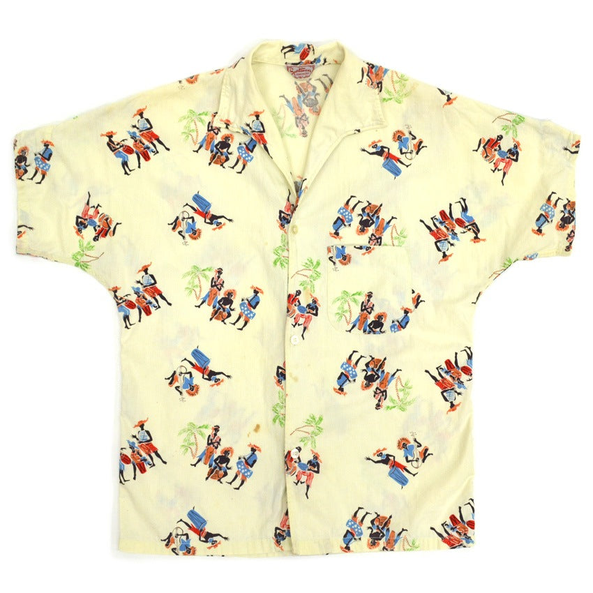 60's Sportswear Black Print Italian Collar Aloha Shirt...